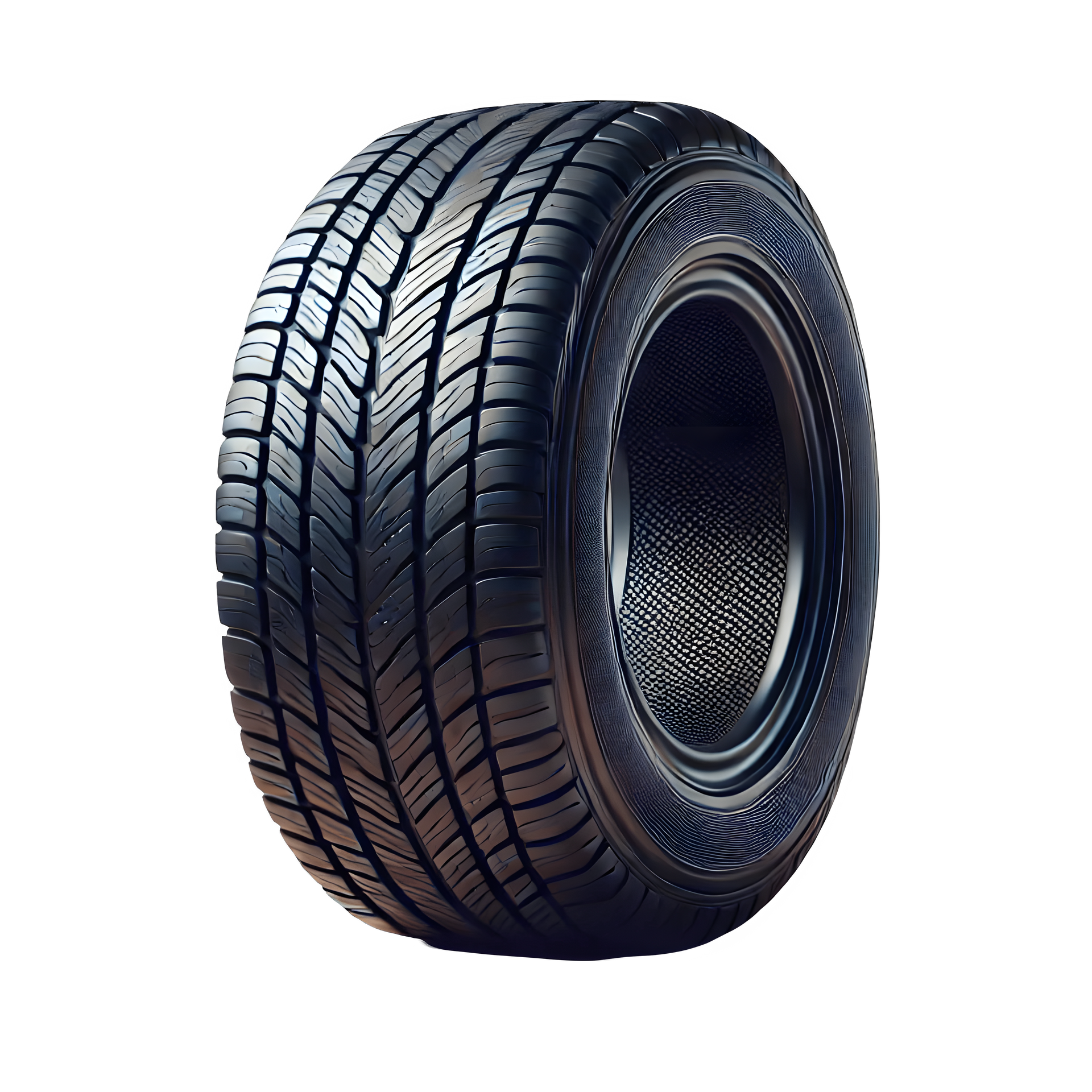 Pneu noir avec un dessin de bande de roulement incliné sur fond blanc.