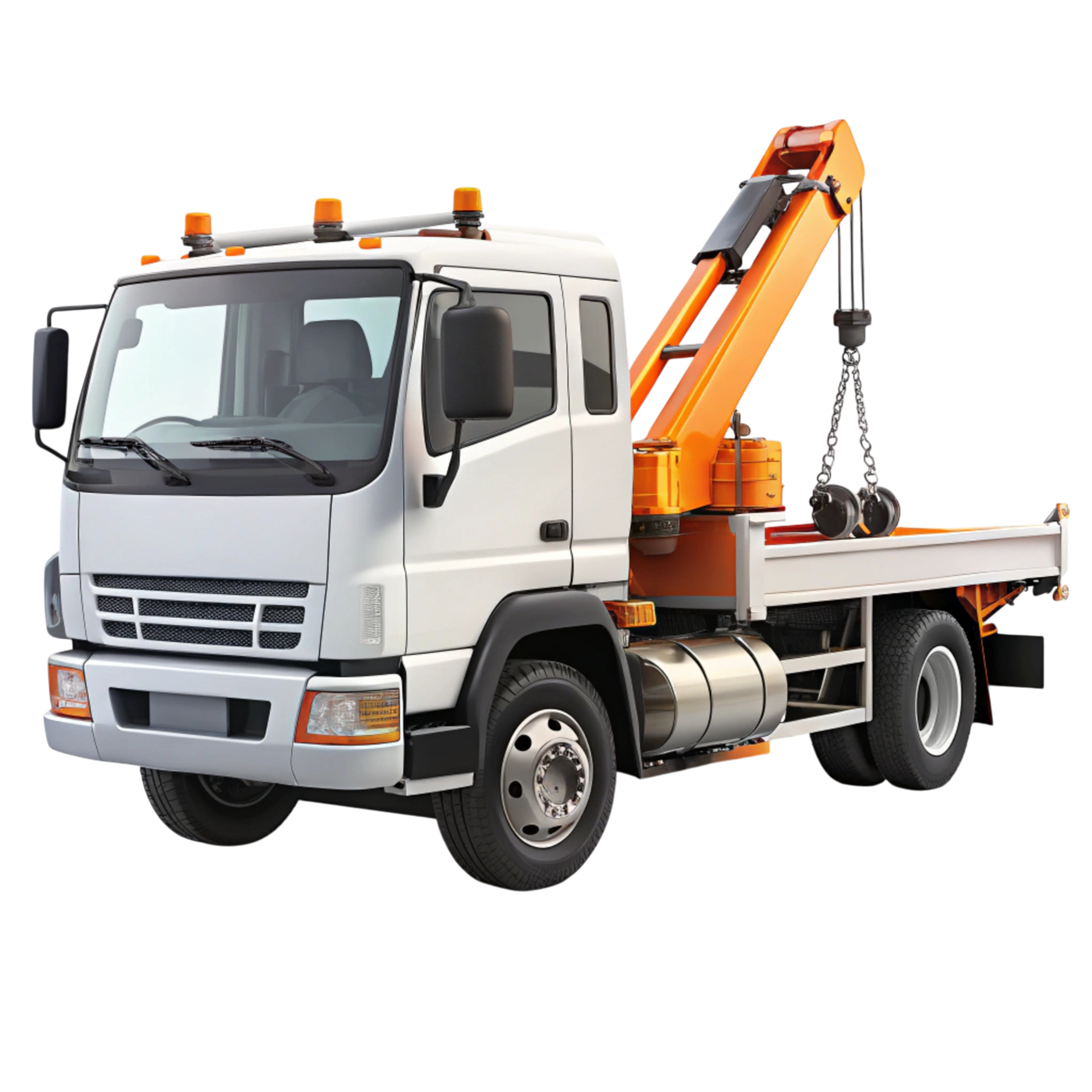 Camion blanc avec grue orange soulevant un objet sur une plateforme.