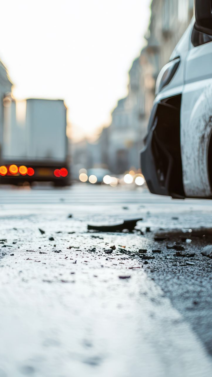 Une voiture accidentée dans une rue, avec des débris au sol. Un camion et d'autres véhicules apparaissent flous en arrière-plan.