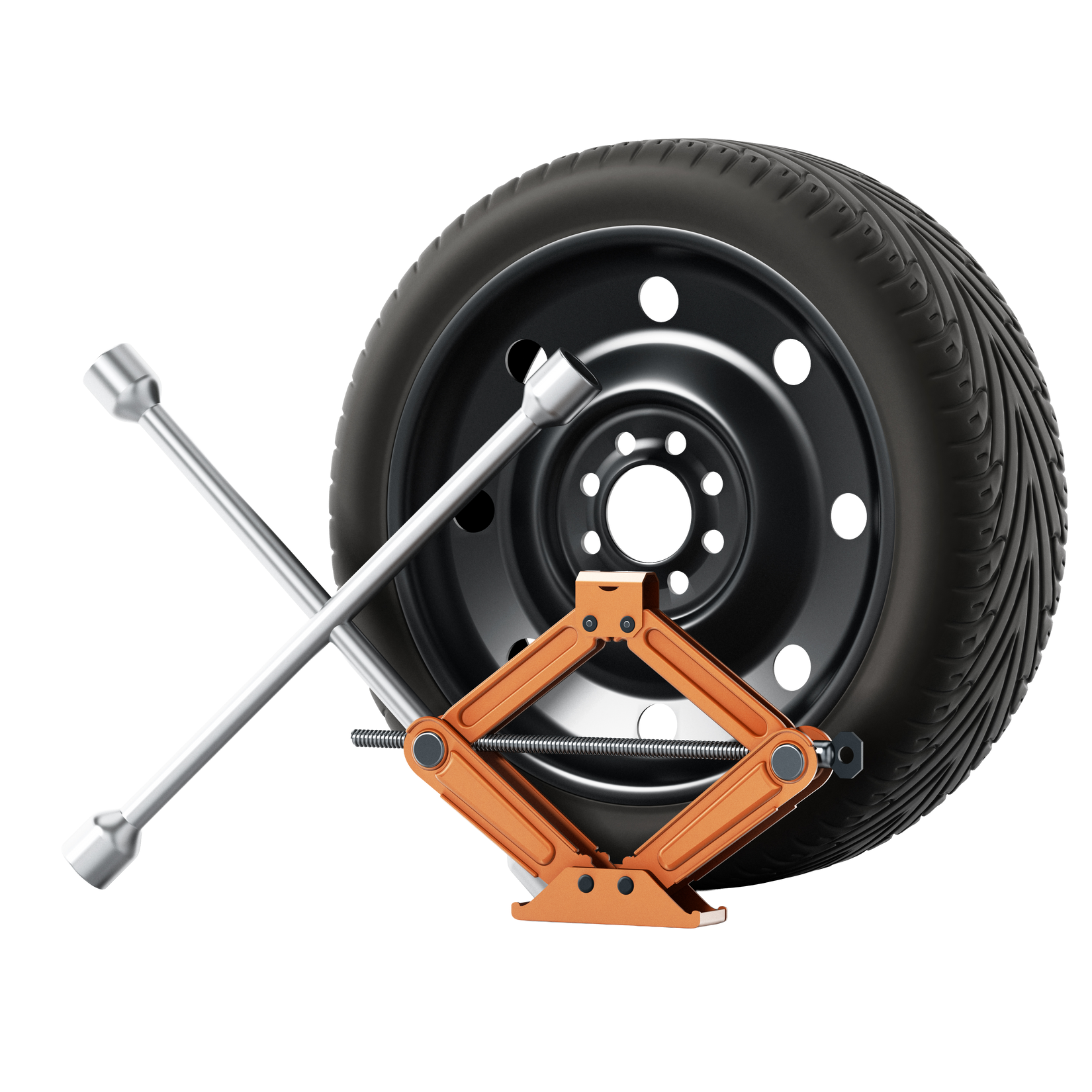 Pneu de voiture, cric et clé à écrou, prêts pour un changement de pneu.