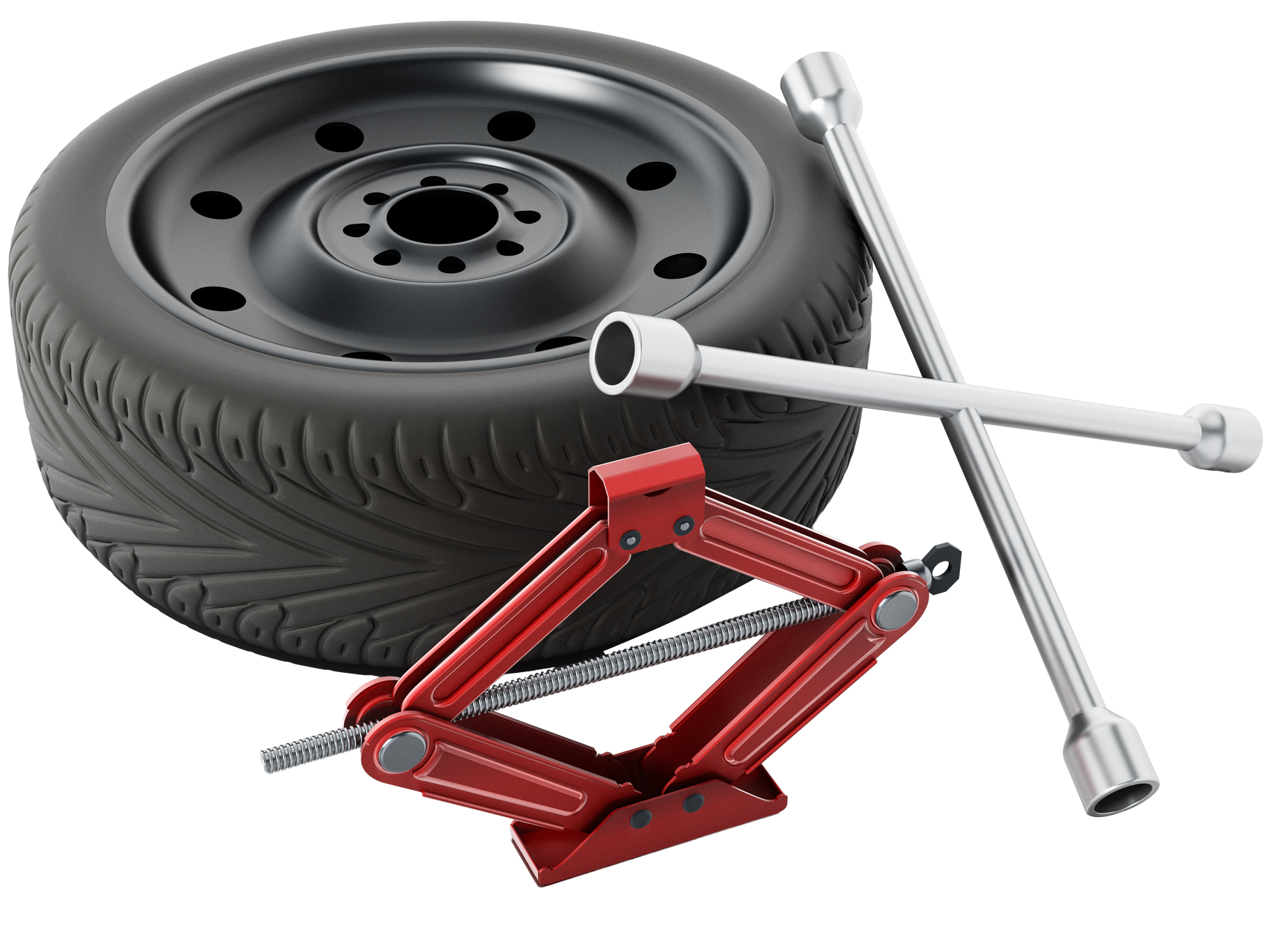 Pneu de voiture, cric et clé à écrou, prêts pour le changement de pneu.