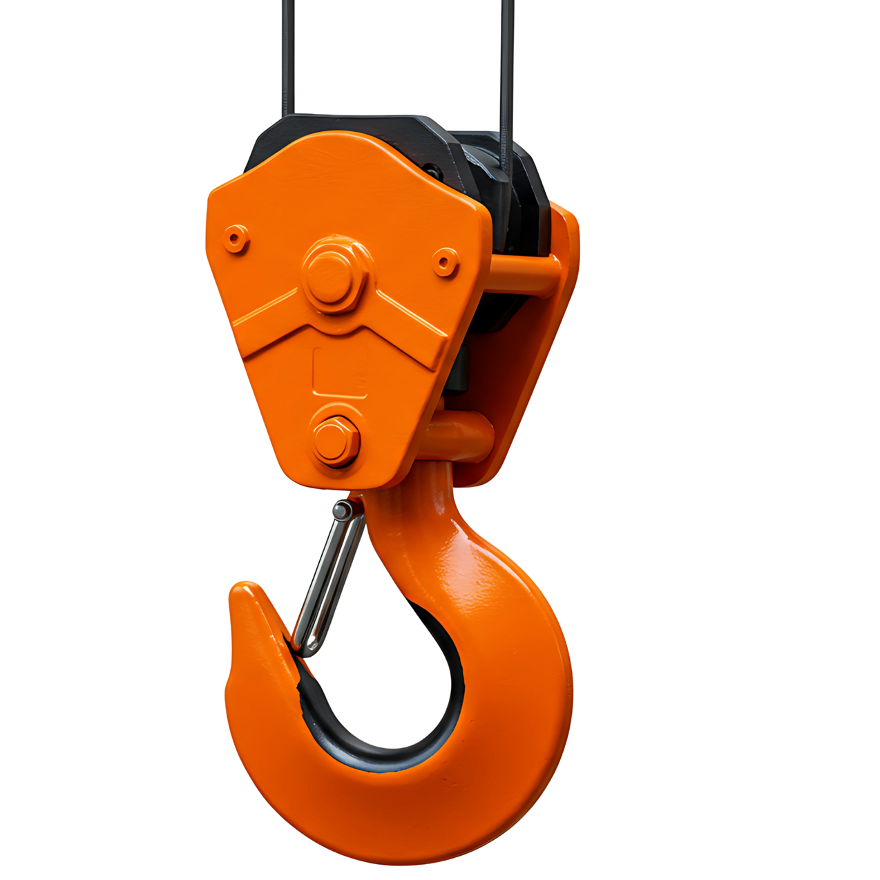 Crochet de grue orange avec poulie, prêt à être soulevé.
