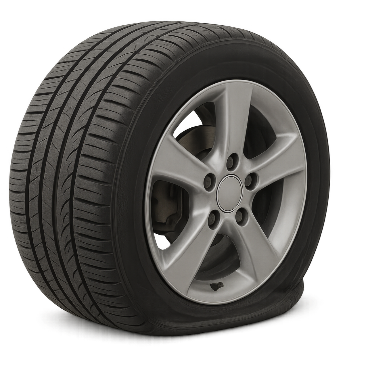 Pneu de voiture crevé sur une jante argentée ; pneu dégonflé en bas.