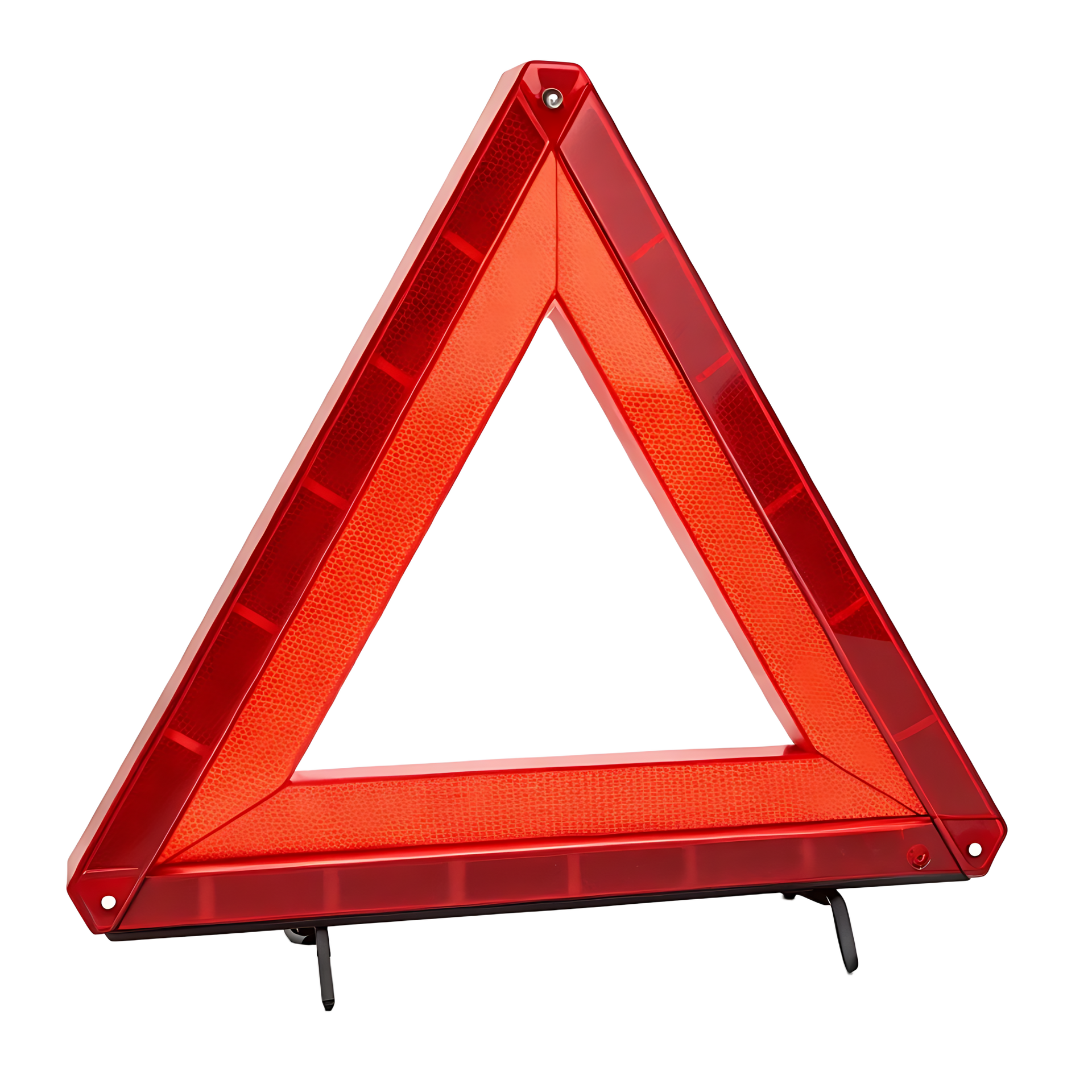 Triangle de sécurité routière réfléchissant rouge avec pieds de support noirs.