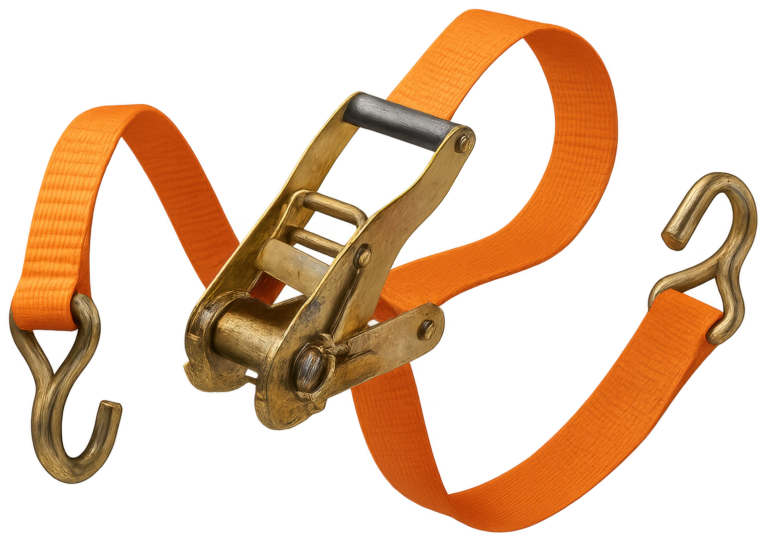 Sangle à cliquet orange avec deux crochets.