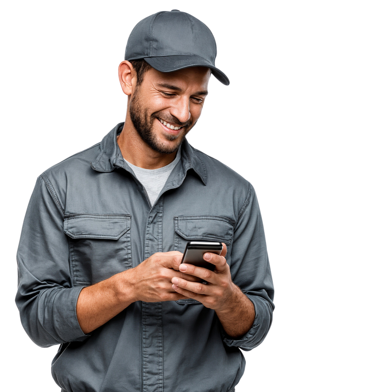 Un homme en tenue de travail et casquette sourit en regardant son téléphone.