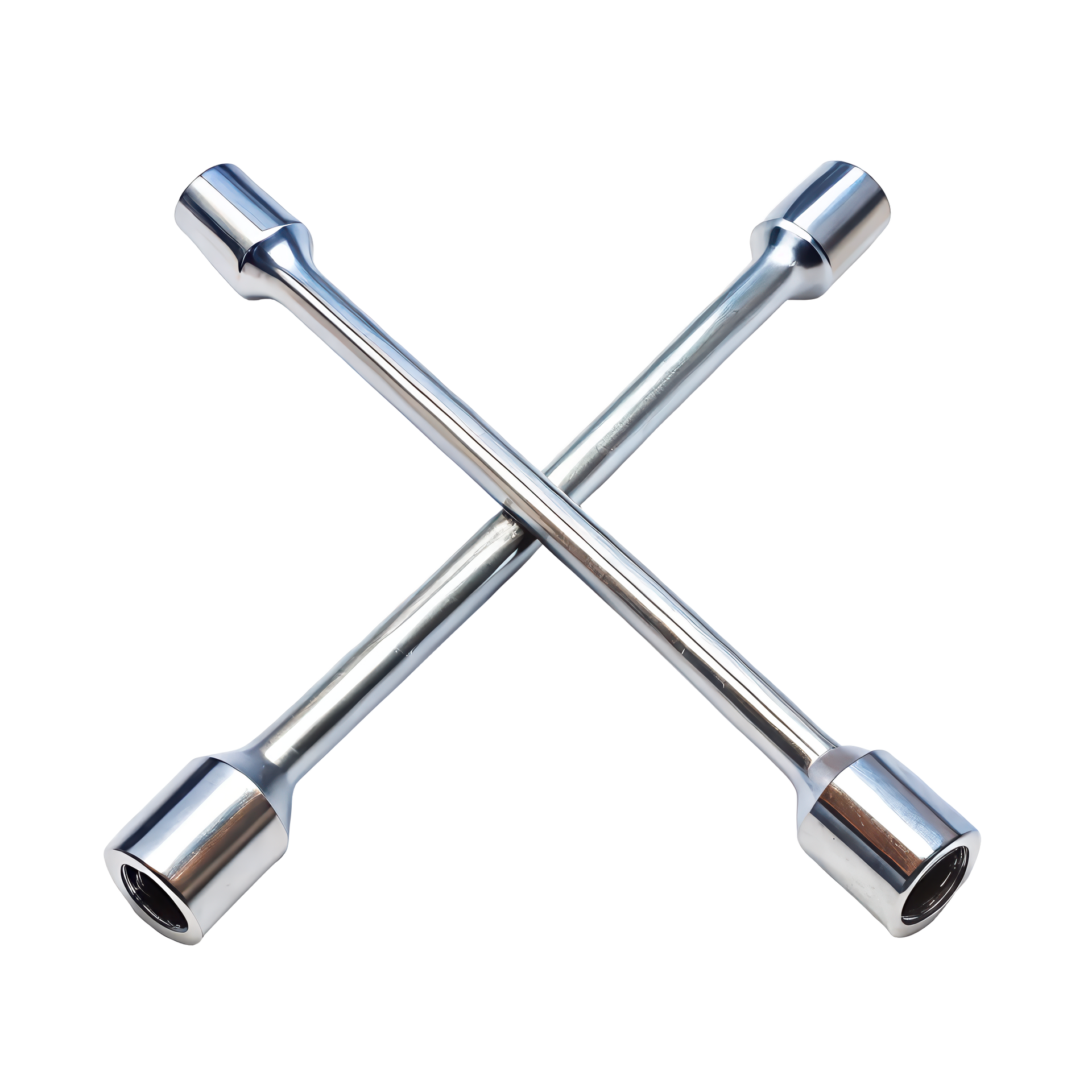 Clé à écrou, chromée, en forme de X, utilisée pour retirer les écrous de roue.