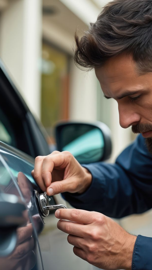 Un homme déverrouille la portière d'une voiture avec une clé à l'extérieur.