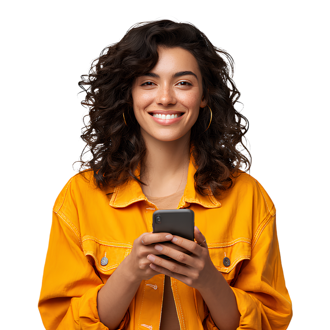 Une femme aux cheveux bouclés sourit tout en tenant un téléphone, portant une veste jaune.