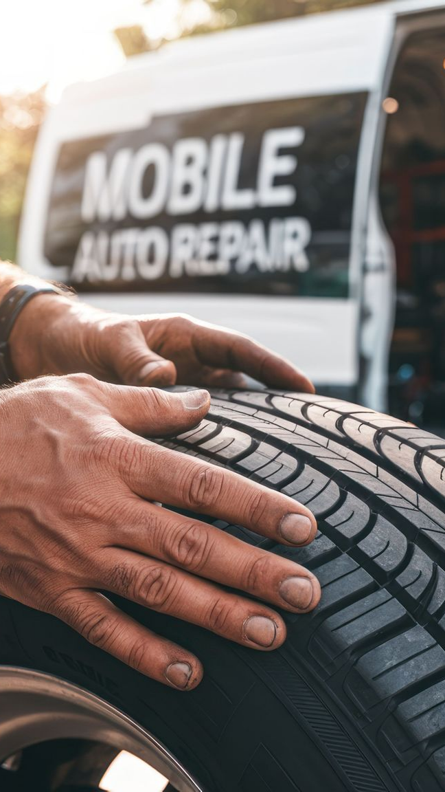 Mains tenant un pneu devant une camionnette de réparation automobile mobile.