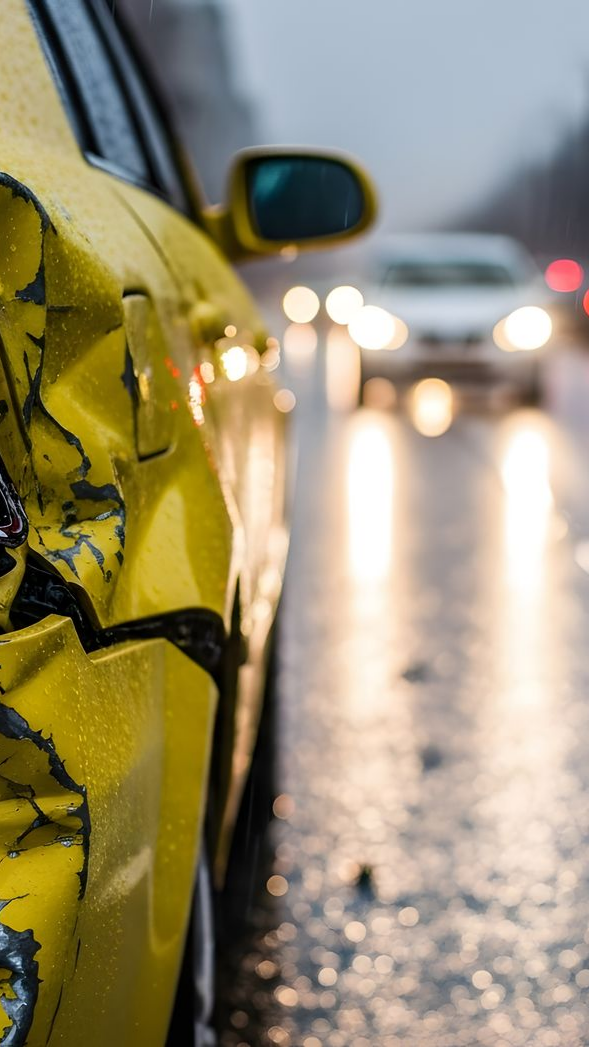 Voiture jaune avec des dégâts importants, sur une route pluvieuse, avec d'autres voitures en arrière-plan.