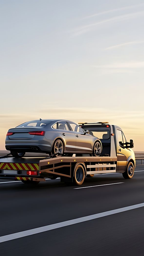 Dépanneuse transportant une voiture argentée sur une autoroute au coucher du soleil.