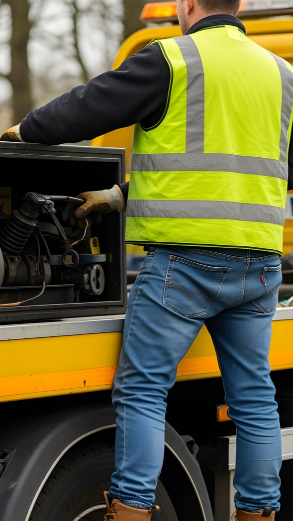 Homme portant un gilet de sécurité travaillant sur un véhicule jaune ; jean bleu, à l'extérieur.