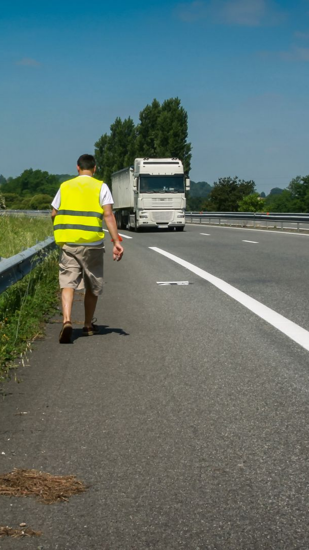 Un homme portant un gilet jaune marche le long d'une autoroute avec un camion en arrière-plan par une journée ensoleillée.