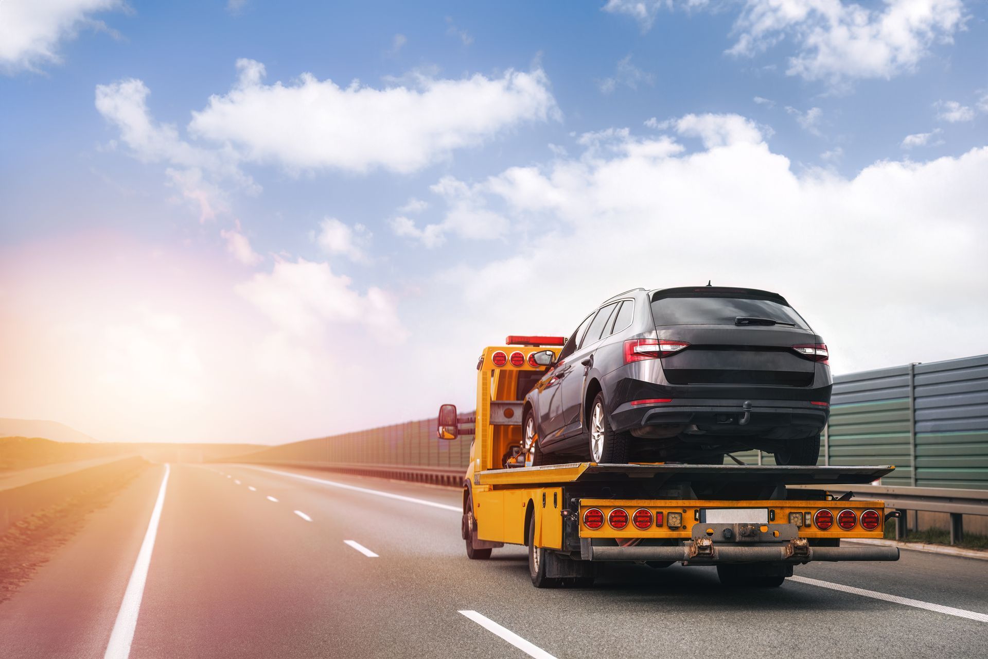 Dépanneuse jaune transportant une voiture noire sur une route.