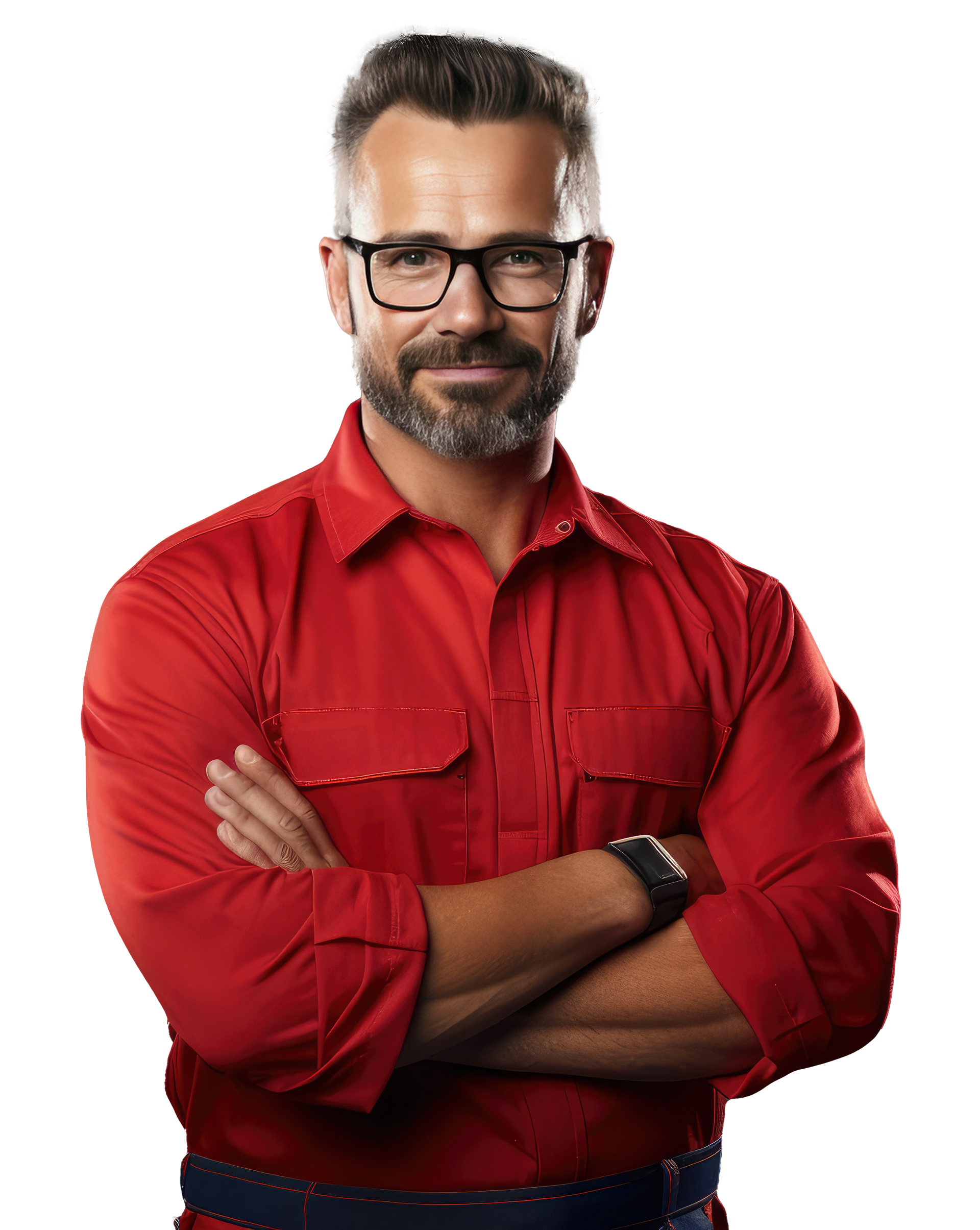 Homme à la barbe grisonnante, portant des lunettes, chemise rouge, bras croisés, souriant.