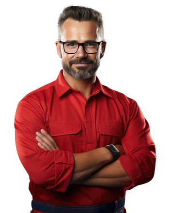 Homme à la barbe grisonnante, portant des lunettes, chemise rouge, bras croisés, souriant.