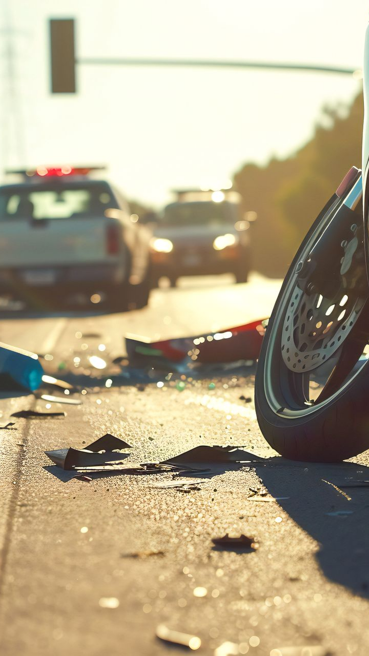 Scène d'accident de moto avec vélo endommagé sur la route, débris et voitures de police en arrière-plan.
