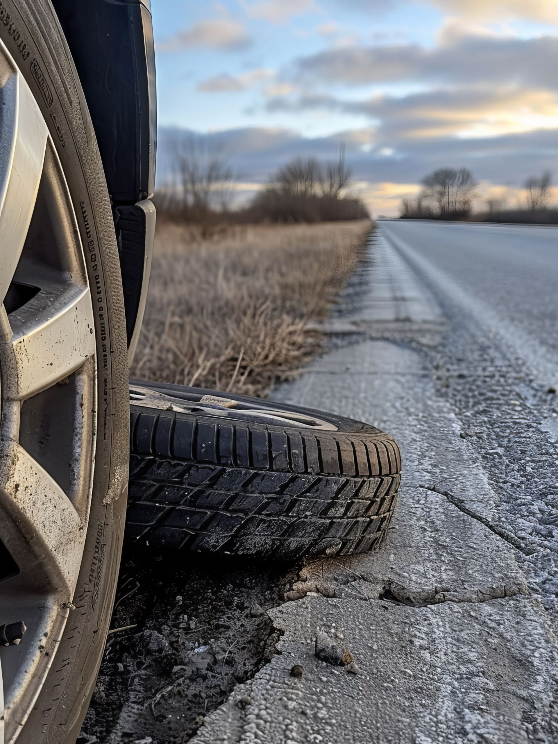 Roue de voiture posée sur une route.