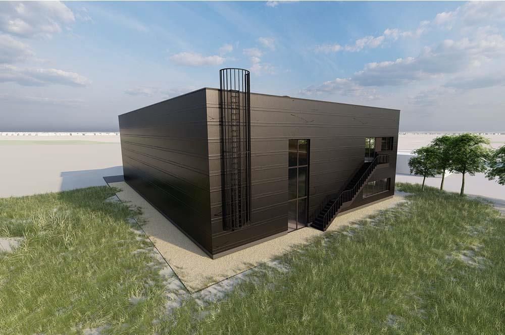 Eine künstlerische Darstellung eines großen schwarzen Gebäudes mit Treppen, die dorthin führen.