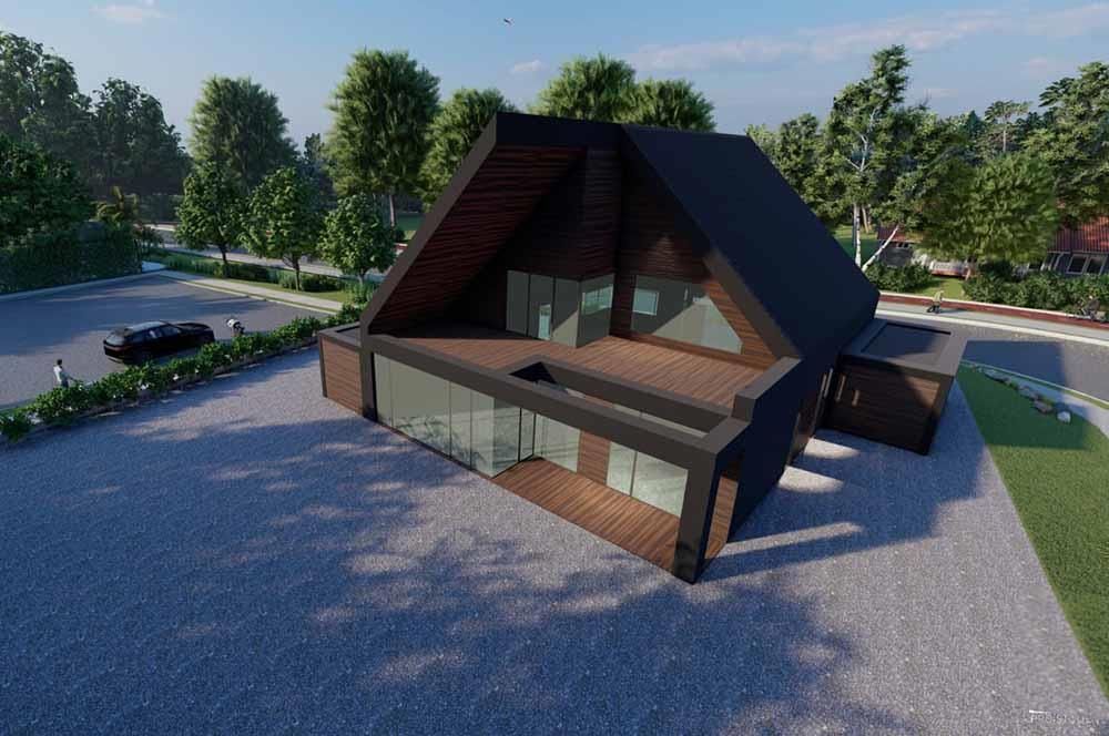 Eine Luftaufnahme eines Hauses mit einem davor geparkten Auto.