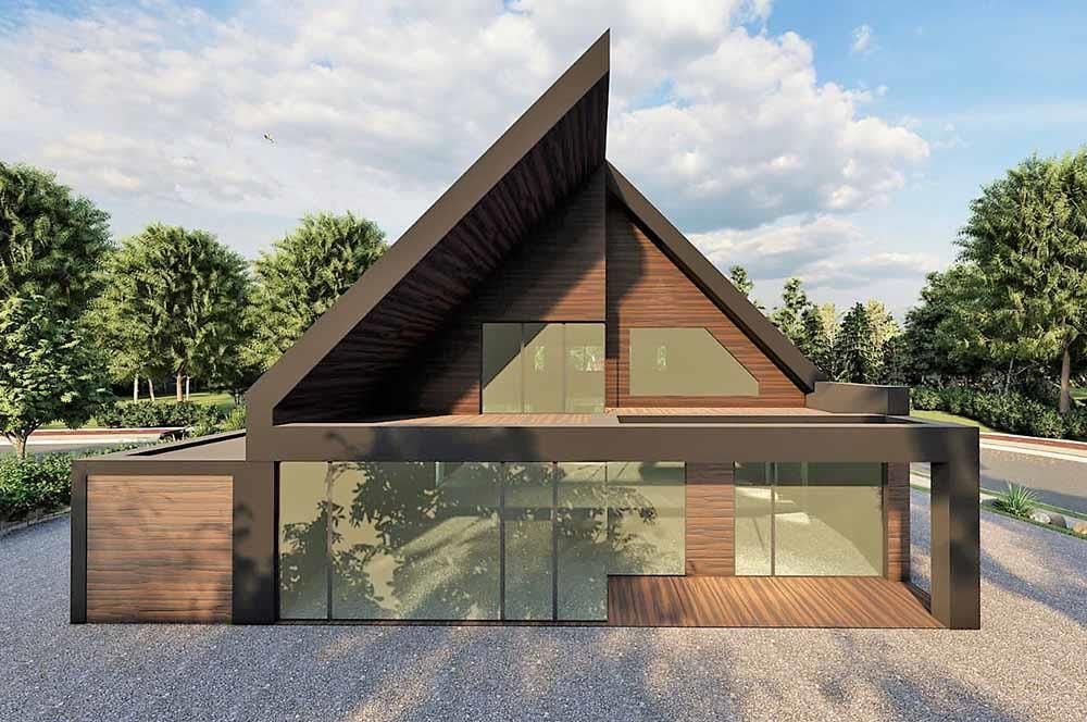 Ein Haus mit einem dreieckigen Dach und vielen Fenstern