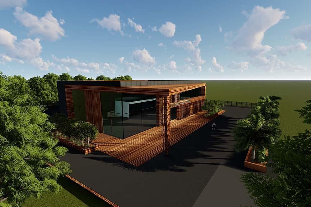 Eine Luftaufnahme eines Gebäudes mit Bäumen im Hintergrund