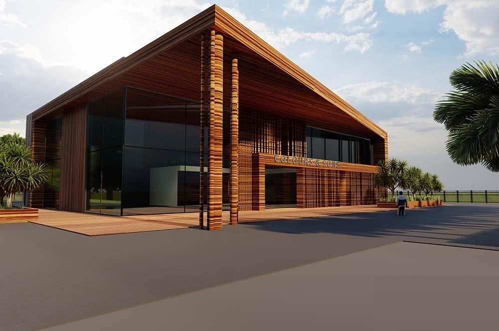 Eine künstlerische Darstellung eines großen Gebäudes mit einem Holzdach