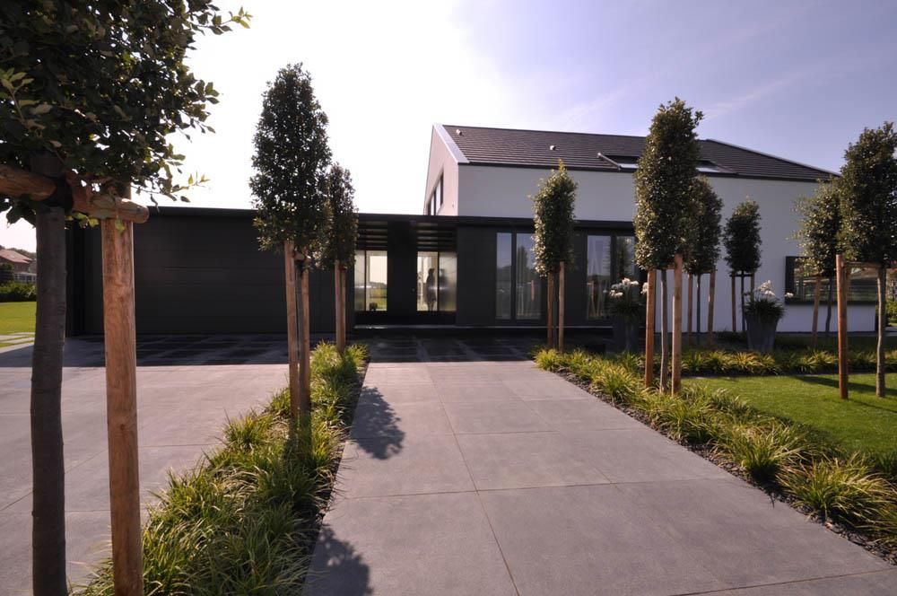 Eine Auffahrt, die zu einem Haus mit Bäumen auf beiden Seiten führt