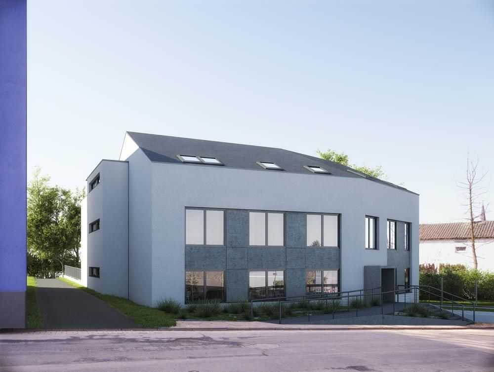 Eine künstlerische Darstellung eines Gebäudes mit einem blauen Gebäude im Hintergrund