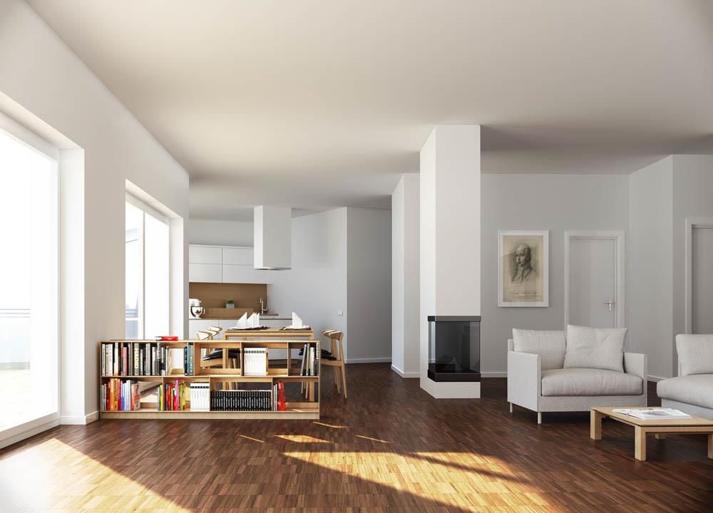 Ein Wohnzimmer mit Hartholzböden und weißen Möbeln