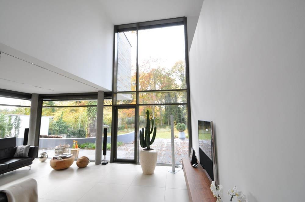 Ein Wohnzimmer mit einem großen Fenster und einem Kaktus im Topf