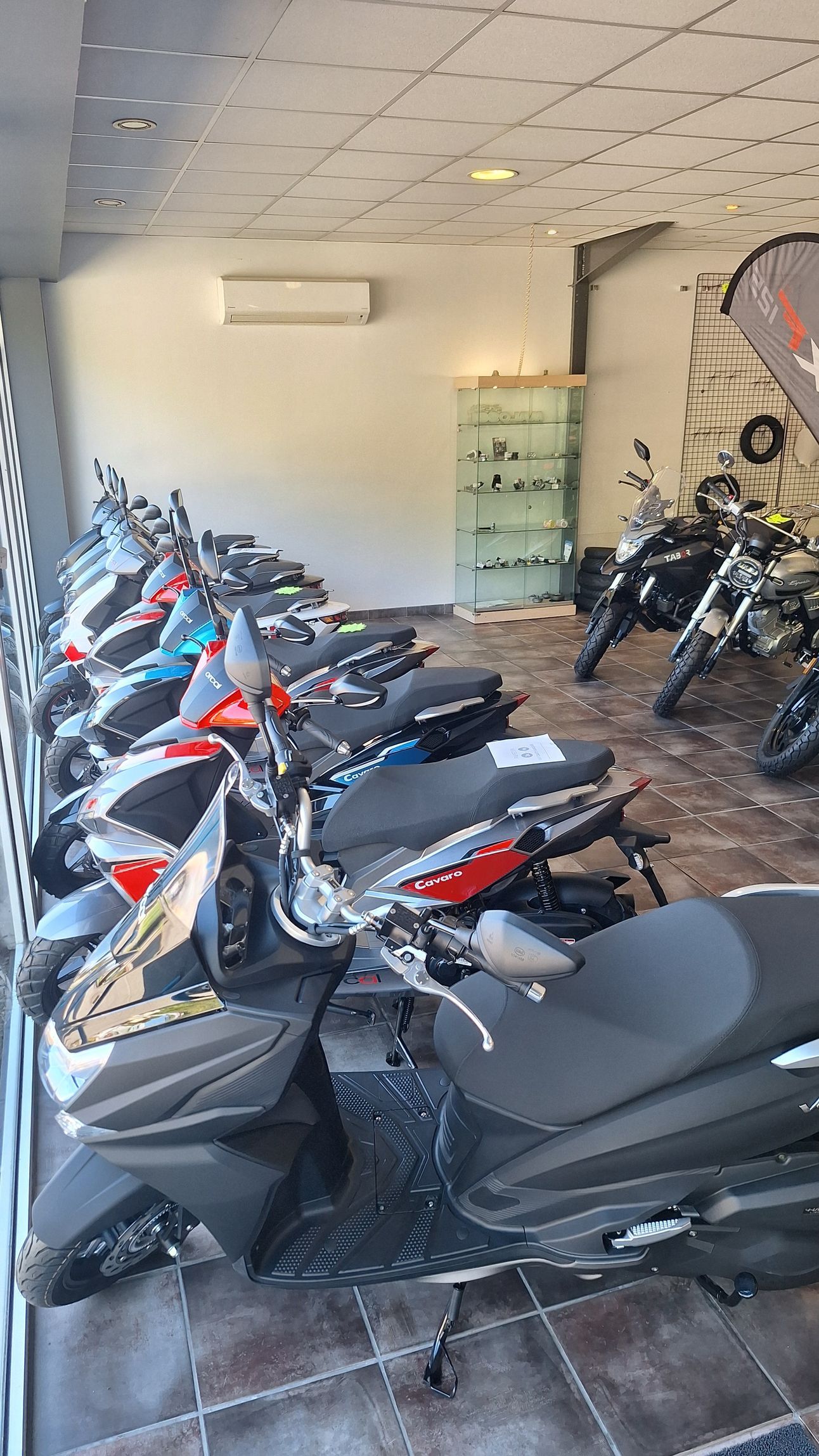 Scooters alignés, certains rouges et noirs, le long d'un mur vitré.