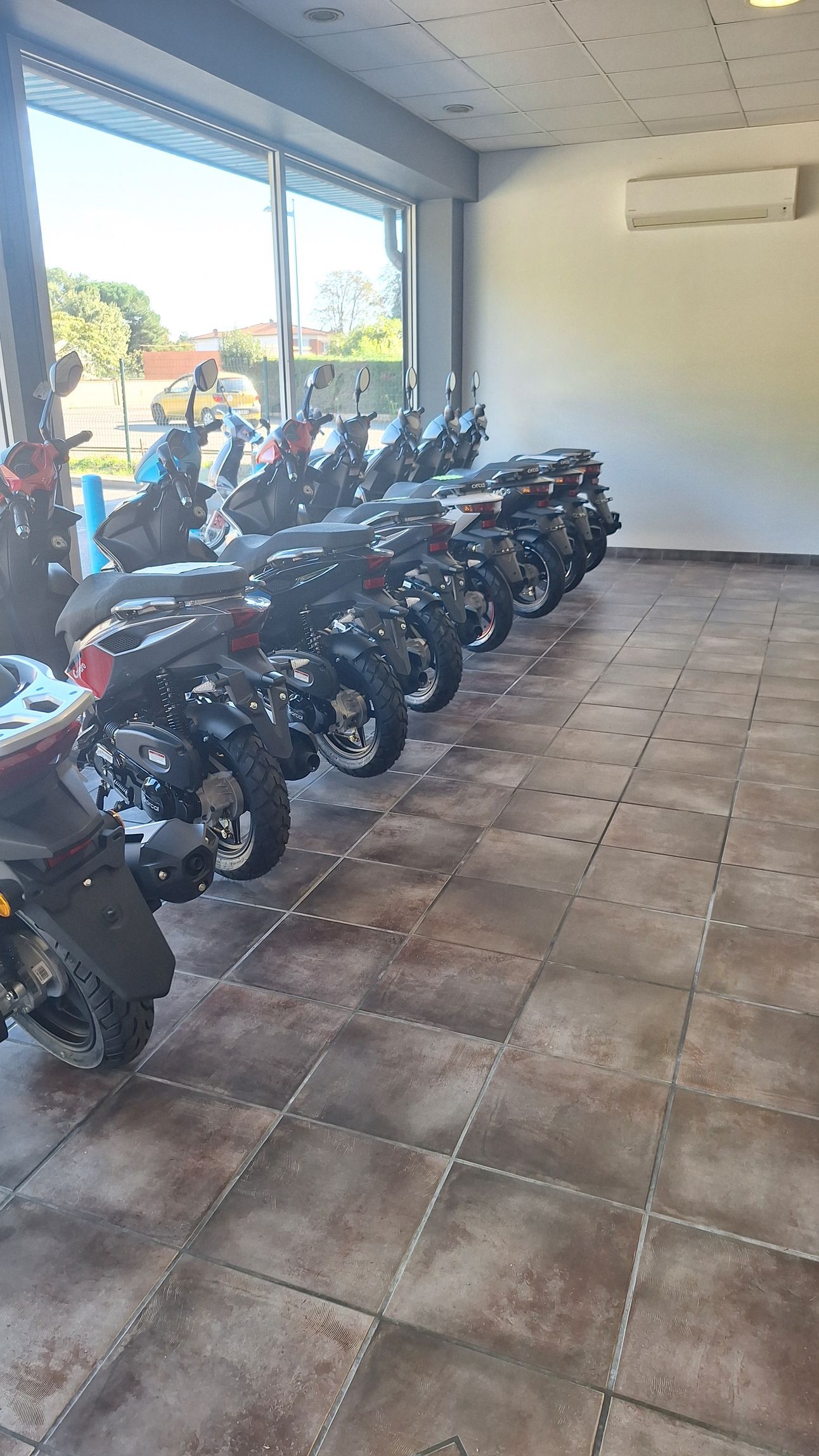 Arrière d'une suite de scooters devant une vitre de magasin