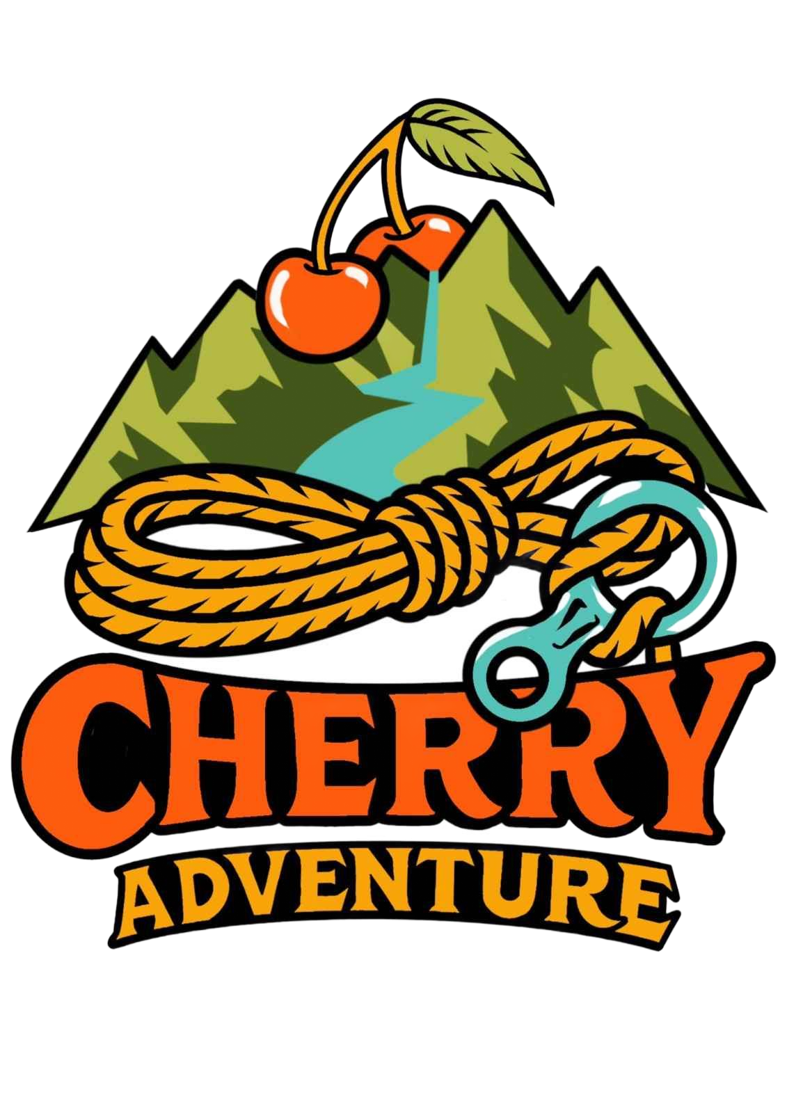 Logotipo con montañas, cerezas, cuerda y las palabras “CHERRY ADVENTURE” (AVENTURA DE CEREZA).