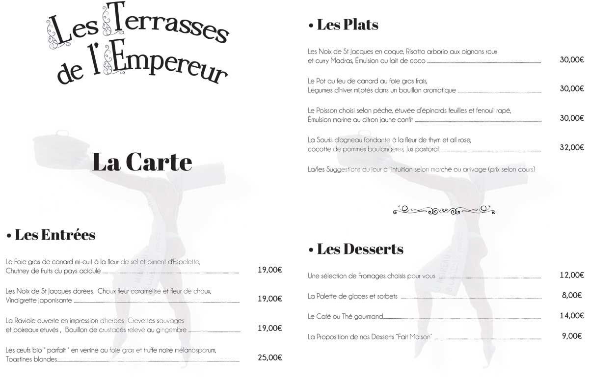 Carte d'hivers du restaurant Les terrasses de l'Empereur