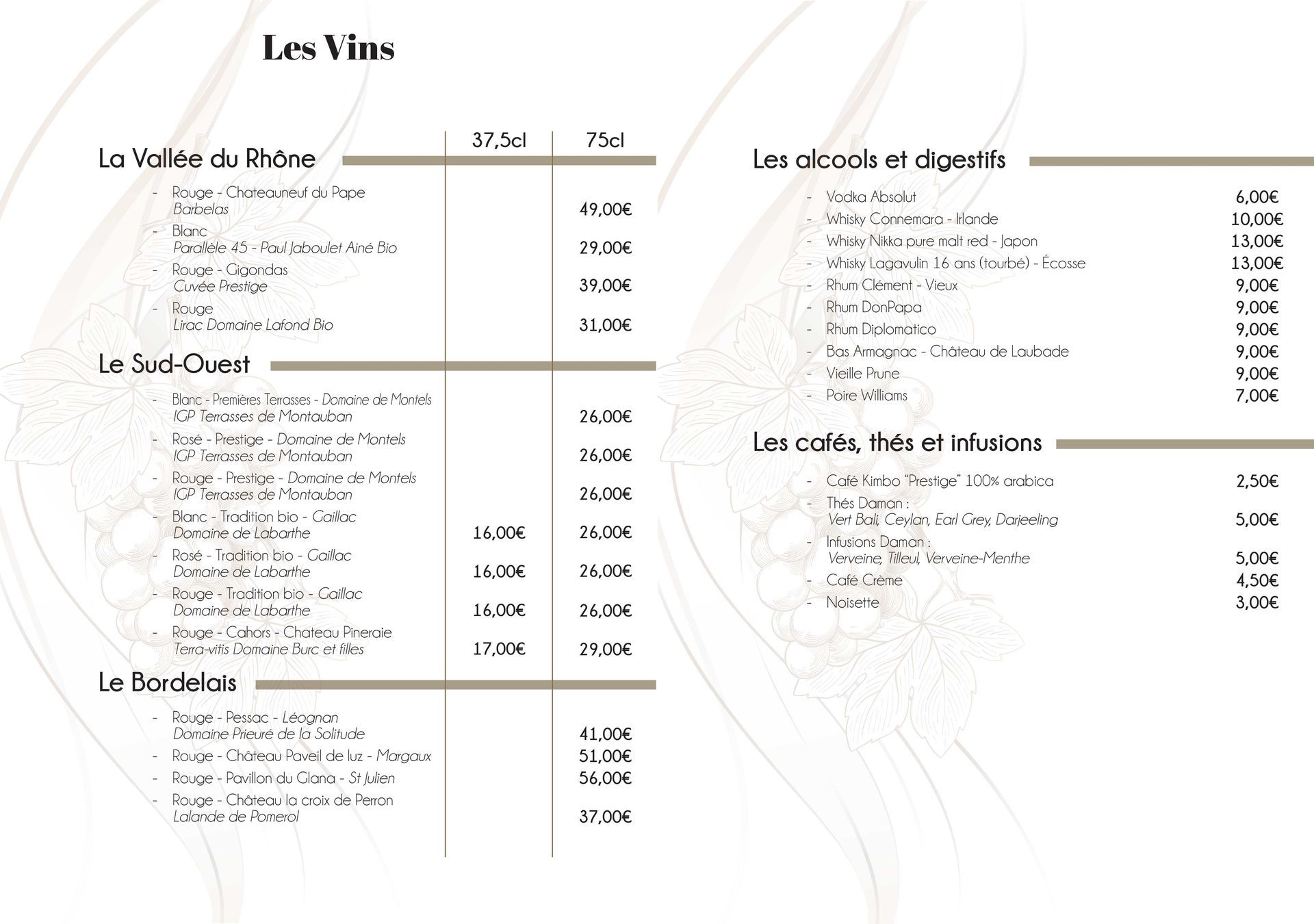 Carte hivernale des vins