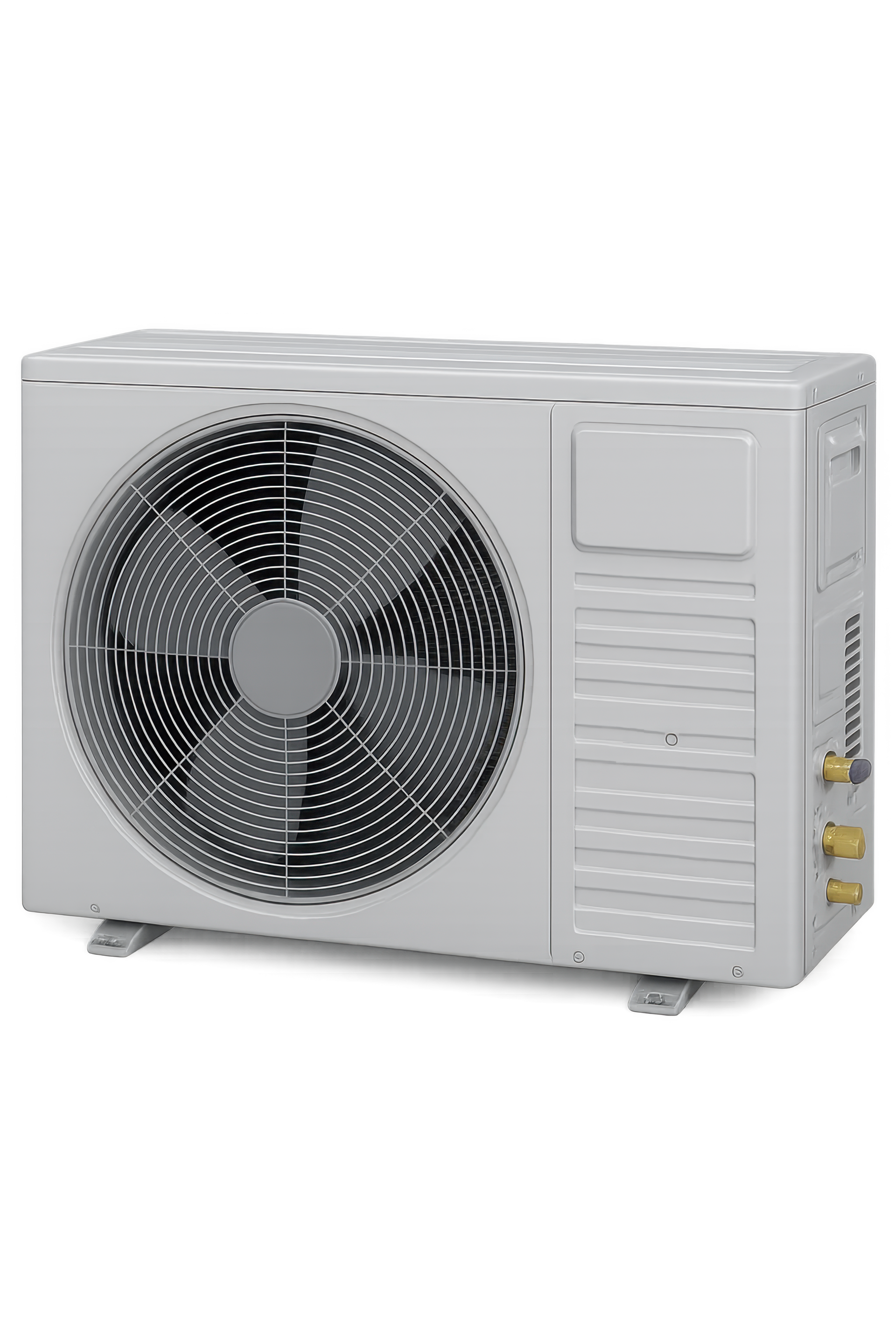 Unité extérieure de climatisation blanche avec un grand ventilateur noir et des grilles d’aération.