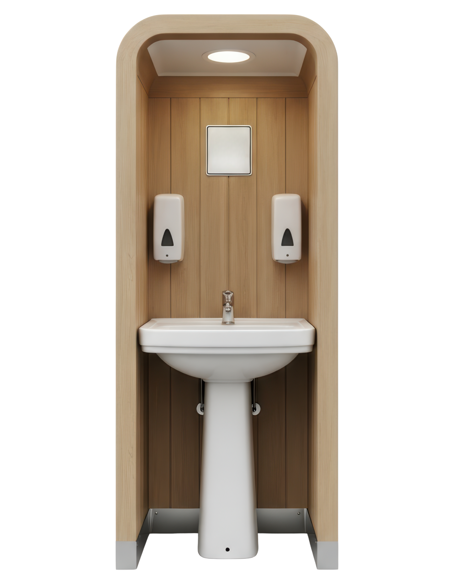 Petit lavabo de toilettes encastré en bois, avec miroir, distributeurs de savon et éclairage au plafond.