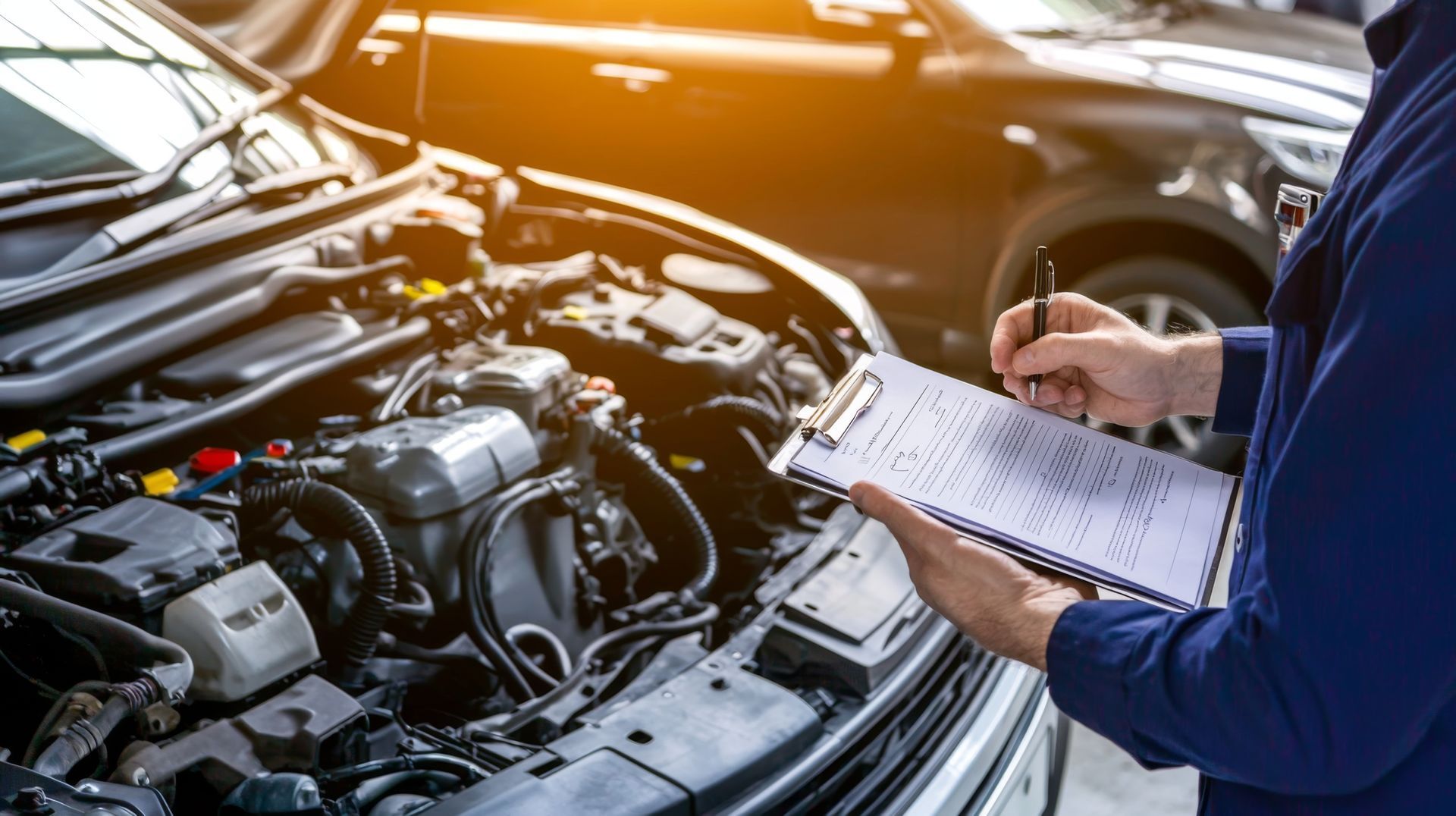 Un mécanicien qui tient un dossier avec le capot ouvert d'une voiture en arrière-plan.