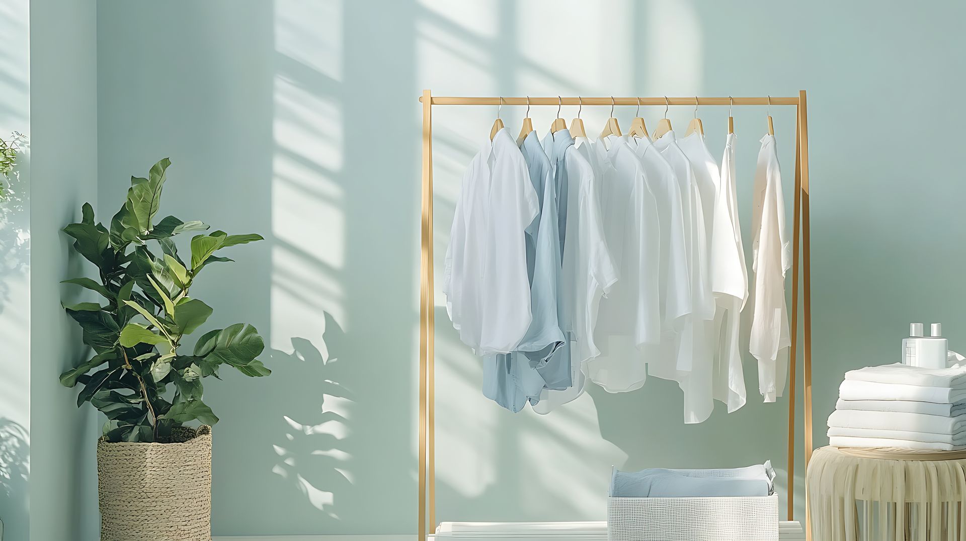 Un portant en bois supporte des chemises blanches contre un mur vert clair.