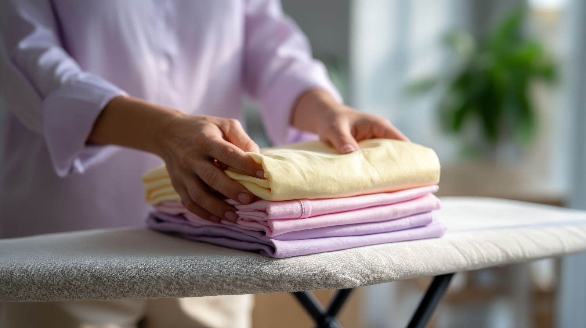 Une personne vêtue d'une chemise claire plie une pile de linge aux couleurs pastel sur une planche à repasser.