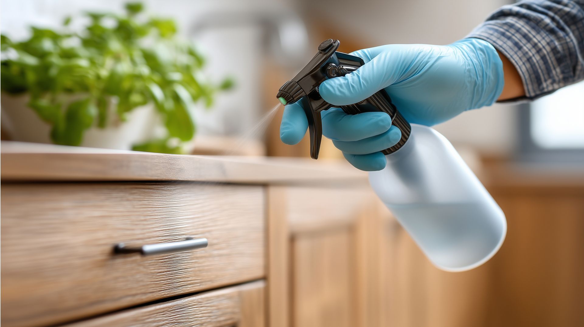 Une main gantée de bleu utilise un vaporisateur pour nettoyer un meuble de cuisine en bois.