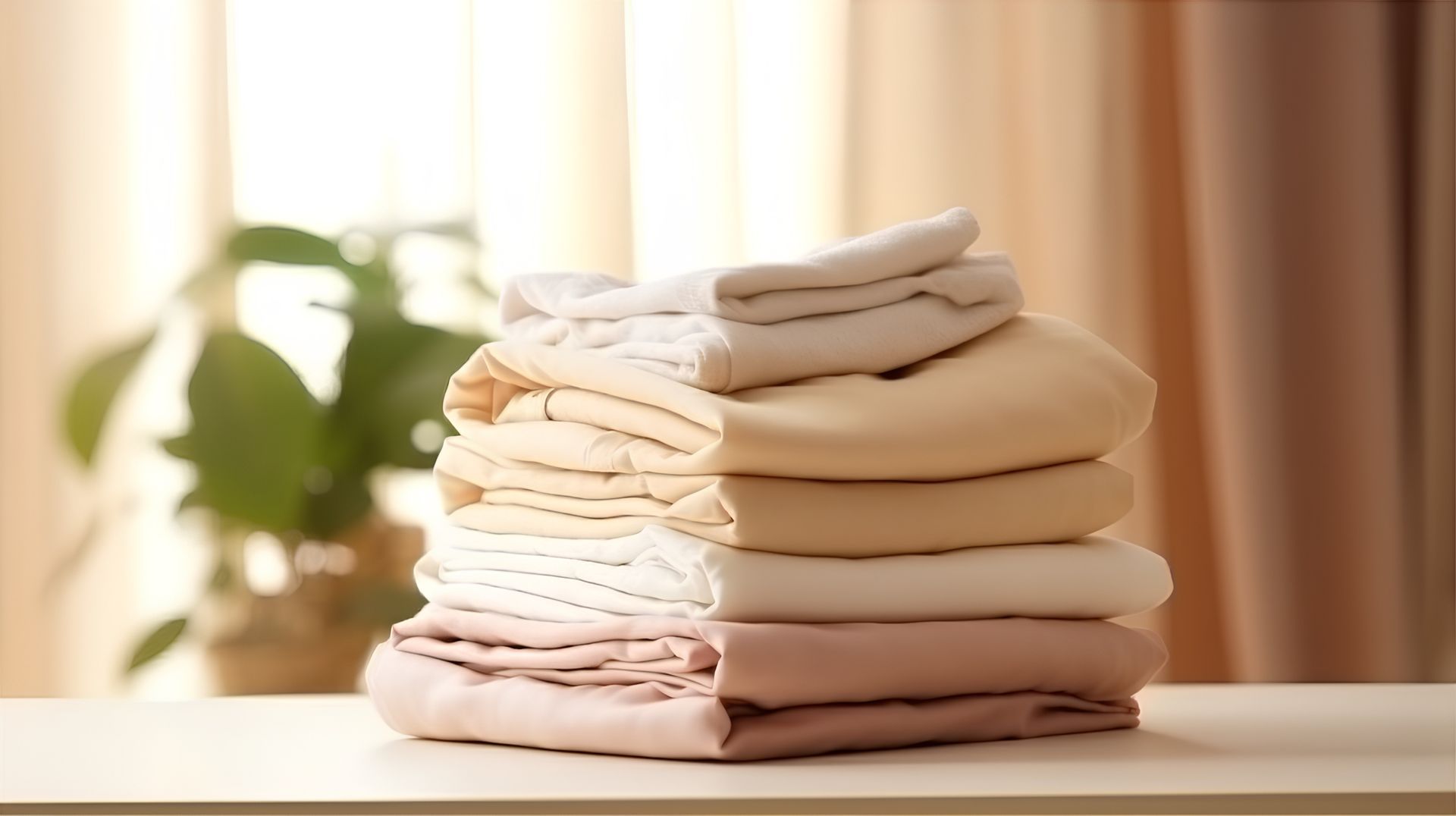 Une pile de linge de maison aux tons neutres, blanc, beige et rose pâle, soigneusement pliée.