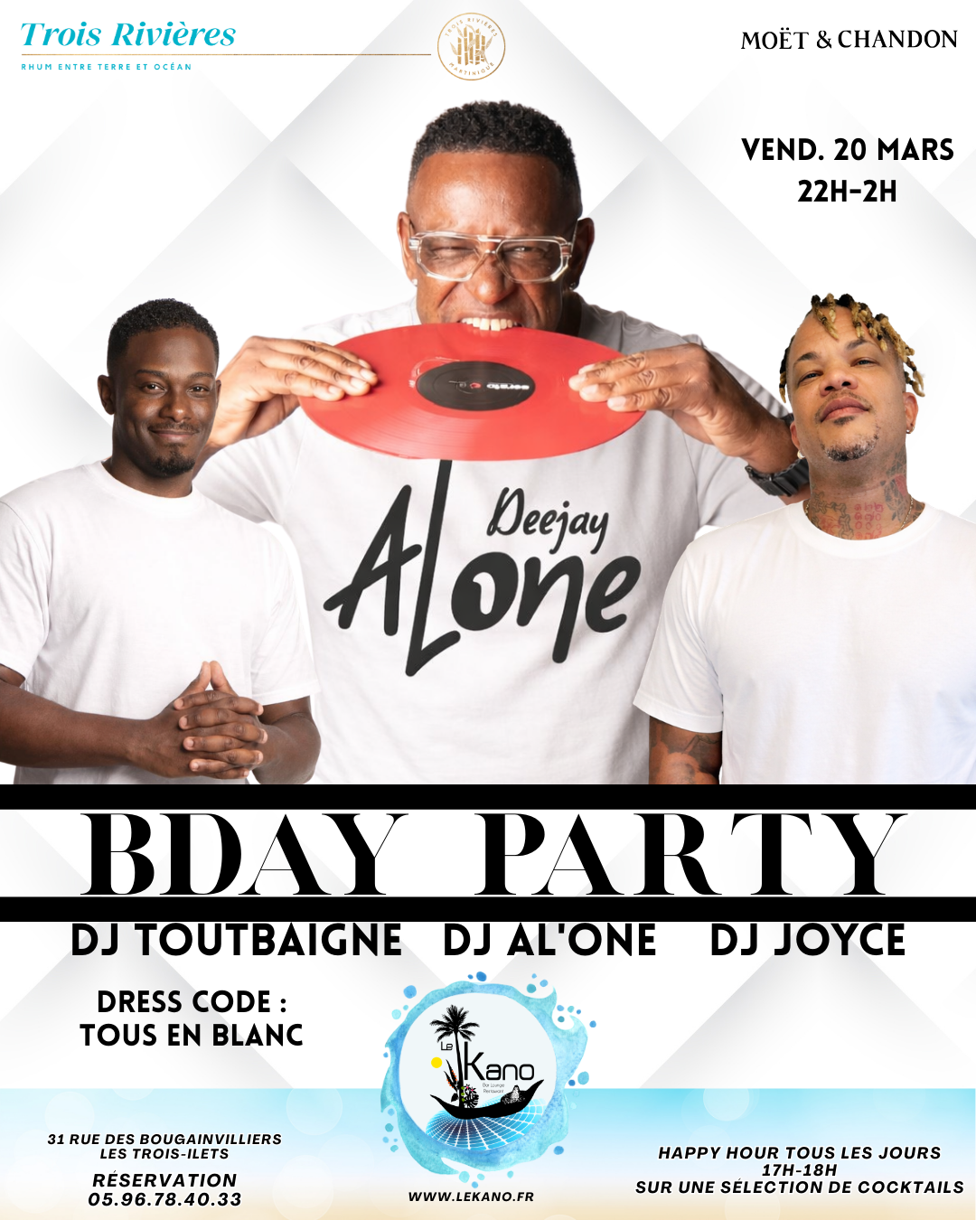 Affiche de la soirée : Trois DJ en chemise blanche, dont un tenant un disque, animent une fête d’anniversaire à Trois Rivières. Tenue : Tout en blanc.