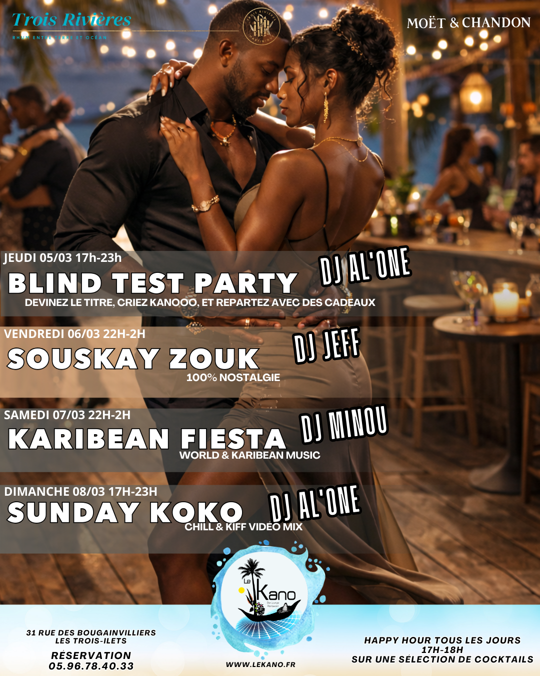 Affiche d'un événement avec un couple qui danse. « Blind Test Party », « Souskay Zouk », « Karibean Fiesta » et « Sunday Koko » sont des événements avec DJs.