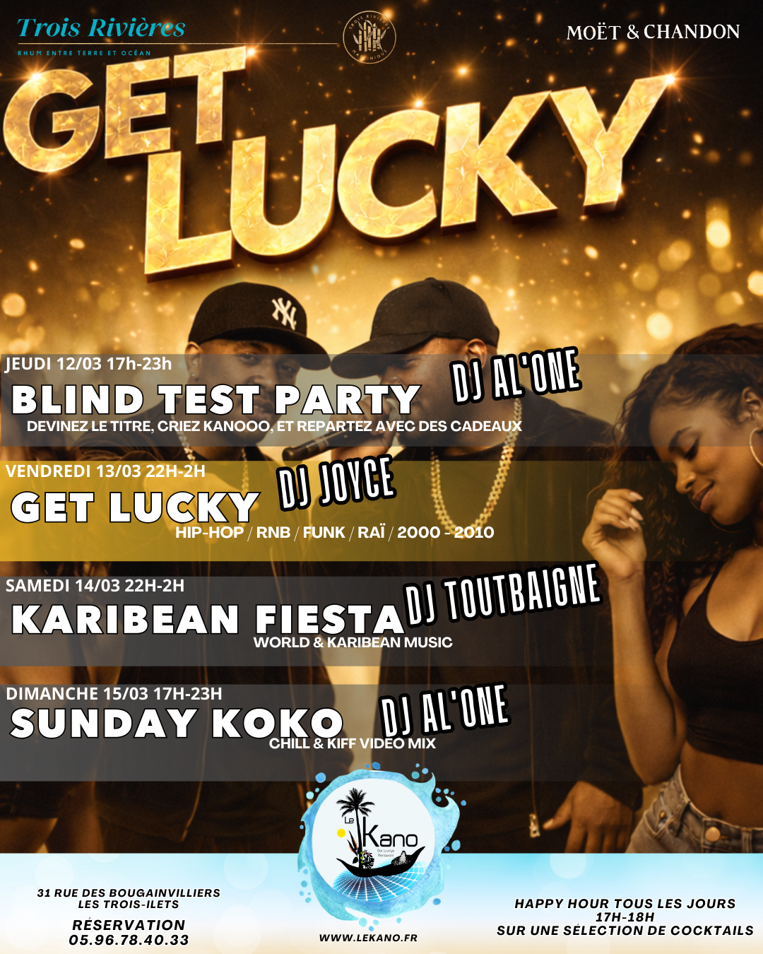 Flyer pour une soirée sur le thème « Tentez votre chance ». Mentionne les noms des DJ et les détails de l'événement.