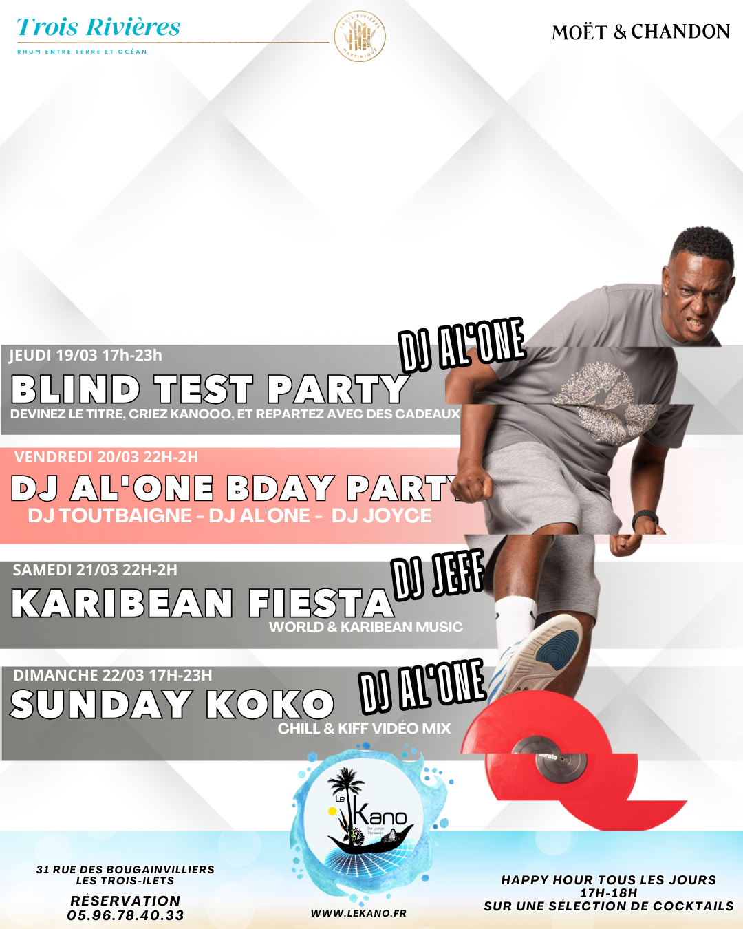 Affiche de l'événement : DJ Al'One, Moët & Chandon, Blind Test Party, Karibean Fiesta, Sunday Koko. Un homme pose à droite.