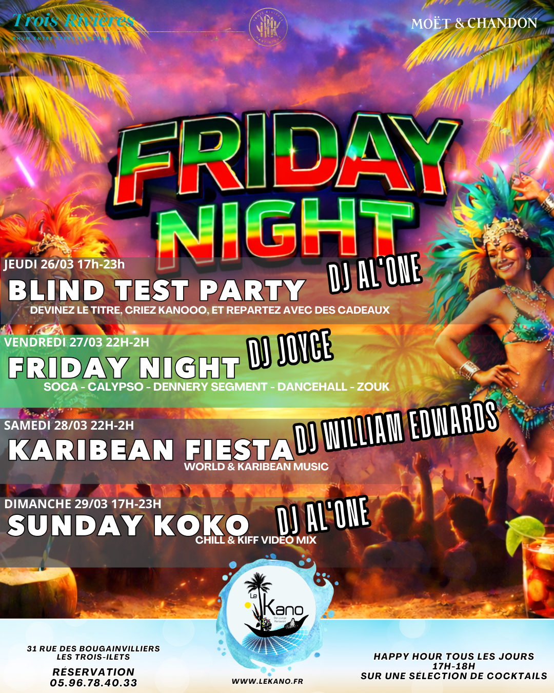 Flyer coloré pour une soirée. Thème du vendredi soir : DJs, cocktails et ambiance tropicale.