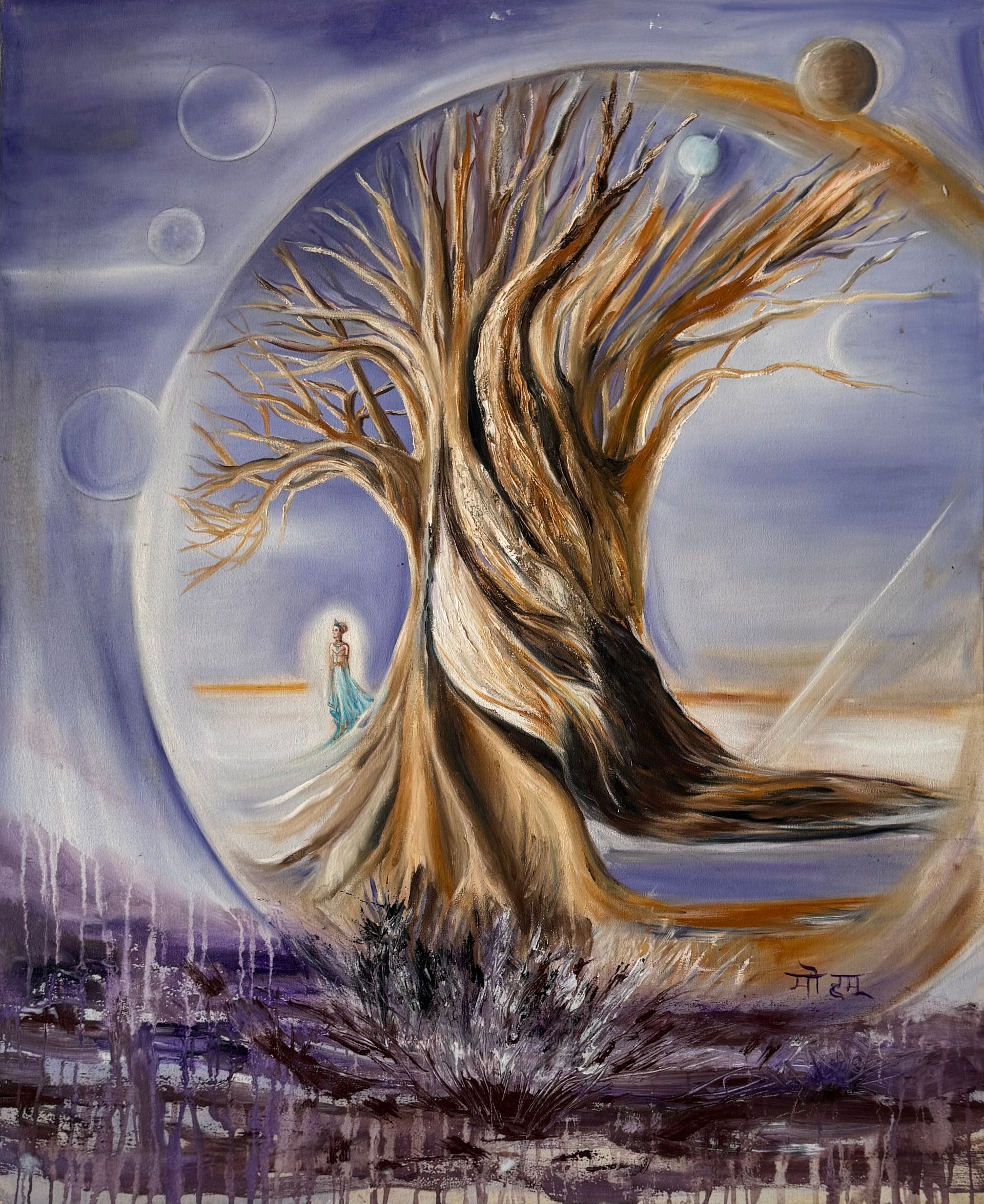 Peinture d'un arbre avec des planètes